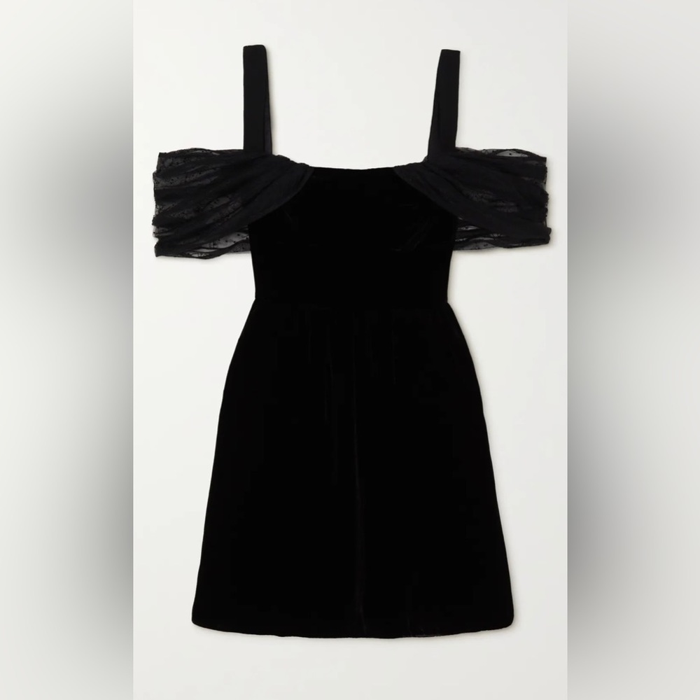 Saloni Rachel off-the-shoulder tulle-trimmed velvet mini dress